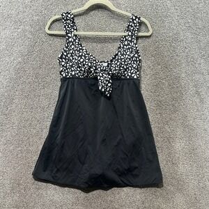 VTG Robby Len Swimdress Size 12‎ Black White Floral Tie Front One Piece Swimsuit
